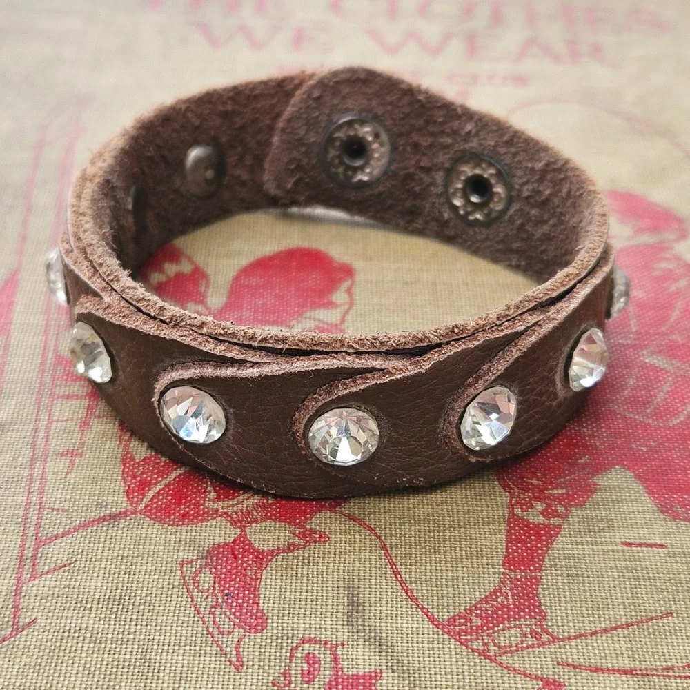 Brown Leather Rhinestone Cuff Bracelet Snap Closure Adjustable Boho Western